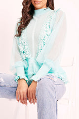 Turquoise Lace Panel Net Sleeve Jumper - Dalila-Jumper
