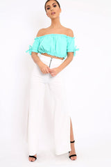 Turquoise Ruched Bardot Gypsy Crop Top - Janette-Crop Tops