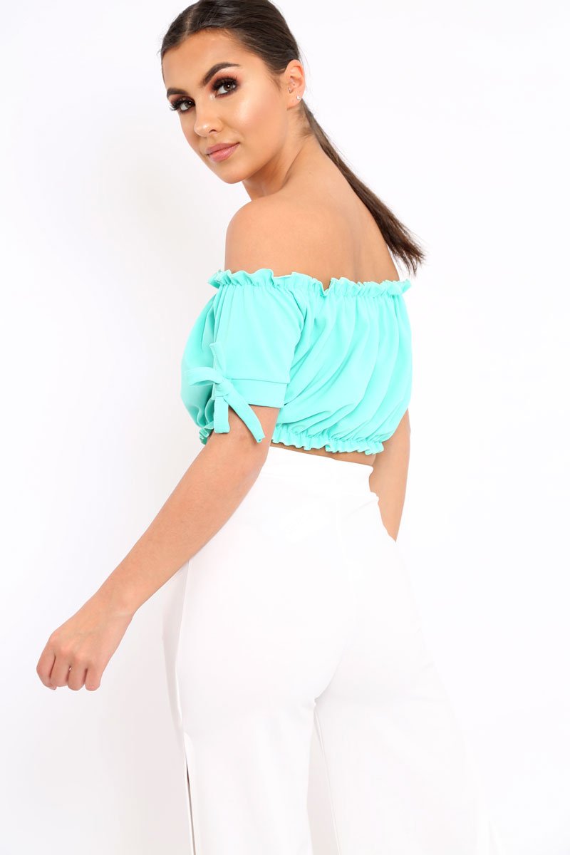 Turquoise Ruched Bardot Gypsy Crop Top - Janette-Crop Tops
