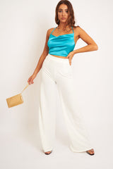 Turquoise Satin Cowl Neck Lace Up Back Crop Top - Kamsi-Crop Tops