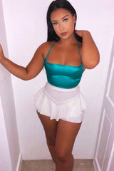 Turquoise Satin Cowl Neck Lace Up Back Crop Top - Kamsi-Crop Tops