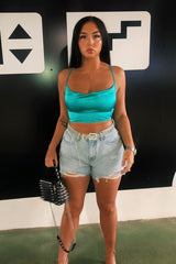 Turquoise Satin Cowl Neck Lace Up Back Crop Top - Kamsi-Crop Tops