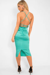 Turquoise Satin Cowl Neck Midi Bodycon Dress - Liliana-Dresses