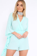 Turquoise Wrap Front Flare Sleeve Playsuit - Emoni-Playsuits