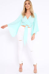 Turquoise Wrap Tie Crop Blouse - Kay-Tops
