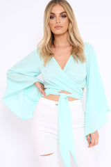 Turquoise Wrap Tie Crop Blouse - Kay-Tops