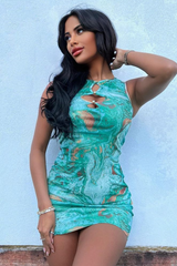 Turquoise Key Hole Marble Print Dress - Elodie