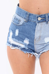 Two Tone Denim Distressed High Waist Shorts - Antonina-Shorts