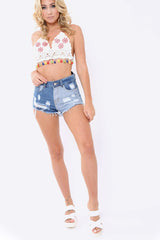 Two Tone Denim Distressed High Waist Shorts - Antonina-Shorts
