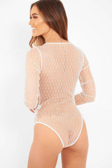 VD - White Dobby Mesh Low Cut Bodysuit - Tamara-Bodysuits