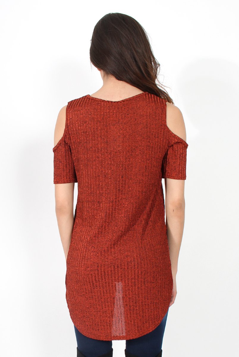 Valentina Orange Cut Out Shoulder Ribbed Top-Tops