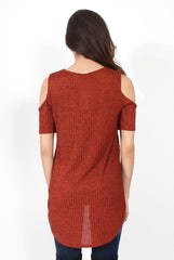 Valentina Orange Cut Out Shoulder Ribbed Top-Tops