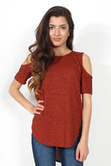 Valentina Orange Cut Out Shoulder Ribbed Top-Tops