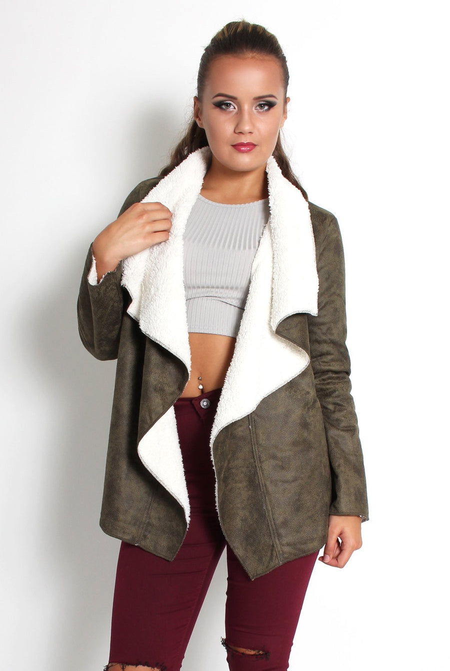 Vanessa Khaki Suede Fur Lined Jacket-Jackets