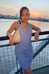 Vintage Blue Button Through Ribbed Bodycon Mini Dress - Hiedi-Dresses