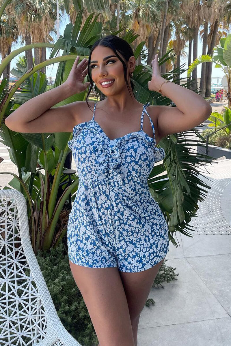 Blue Floral Print Frill Playsuit - Winnie