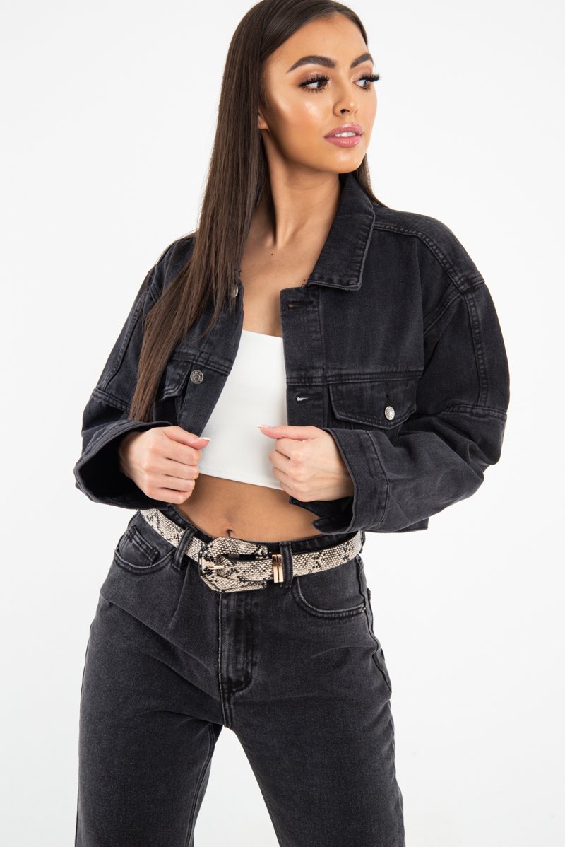 Washed Black Crop Denim Jacket - Nianna-Jackets