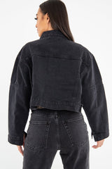 Washed Black Crop Denim Jacket - Nianna-Jackets
