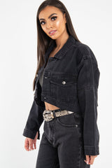 Washed Black Crop Denim Jacket - Nianna-Jackets