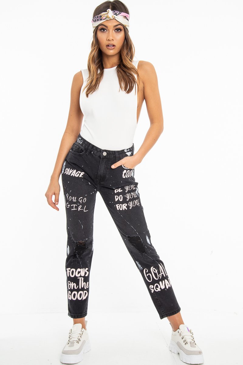 Washed Black Slogan Ripped Knee Mom Jeans - Carla-Jeans
