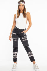 Washed Black Slogan Ripped Knee Mom Jeans - Carla-Jeans