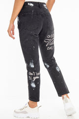 Washed Black Slogan Ripped Knee Mom Jeans - Carla-Jeans