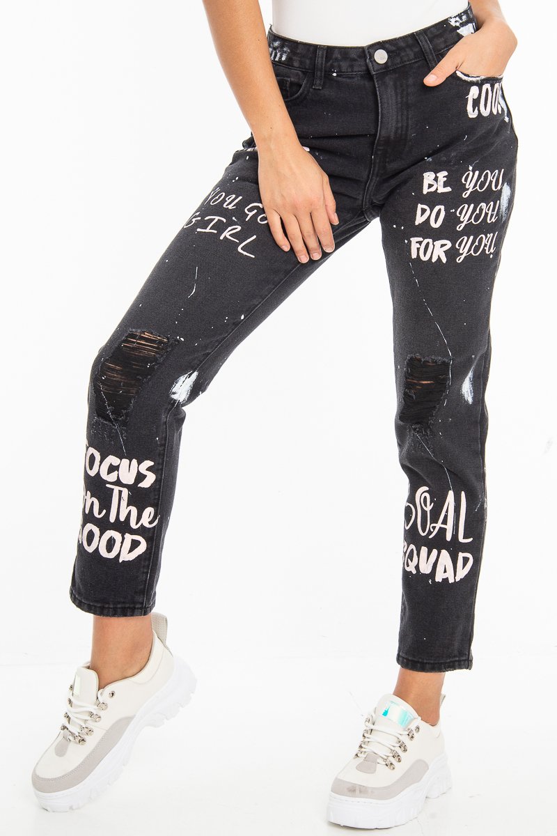 Washed Black Slogan Ripped Knee Mom Jeans - Carla-Jeans