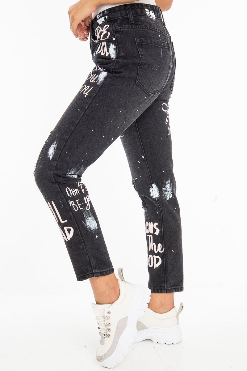 Washed Black Slogan Ripped Knee Mom Jeans - Carla-Jeans