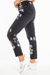 Washed Black Slogan Ripped Knee Mom Jeans - Carla-Jeans
