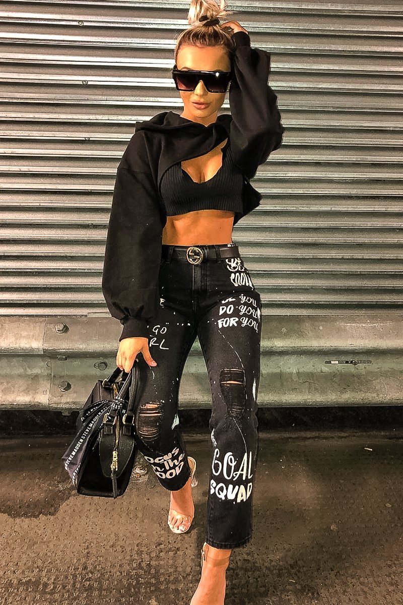 Washed Black Slogan Ripped Knee Mom Jeans - Carla-Jeans