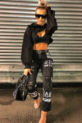 Washed Black Slogan Ripped Knee Mom Jeans - Carla-Jeans