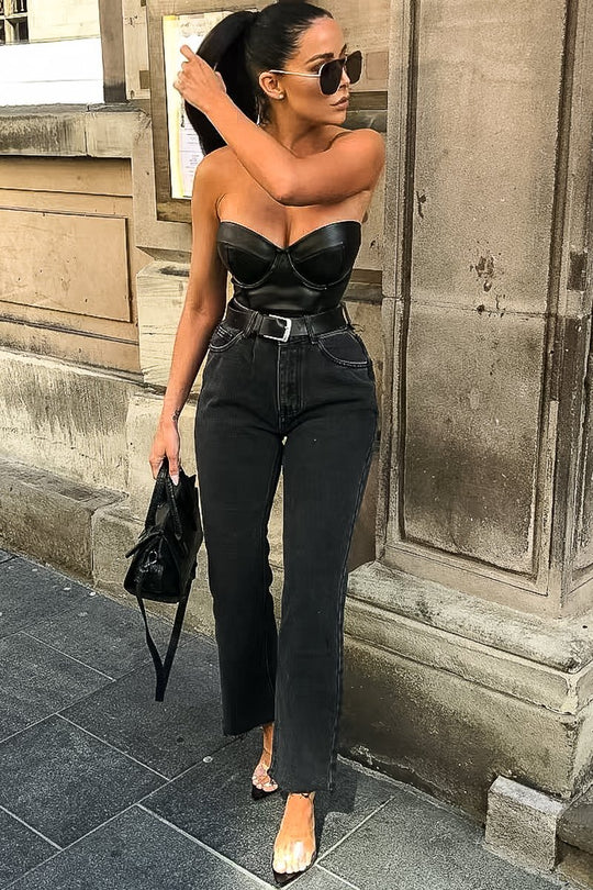 Washed Black Wide Leg Denim Jeans - Annalya