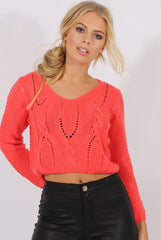 Watermelon Red Back Lace Up Cropped Knitted Sweater - Jenara-Jumpers