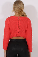 Watermelon Red Back Lace Up Cropped Knitted Sweater - Jenara-Jumpers