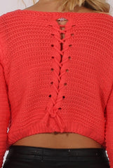 Watermelon Red Back Lace Up Cropped Knitted Sweater - Jenara-Jumpers