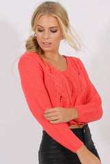 Watermelon Red Back Lace Up Cropped Knitted Sweater - Jenara-Jumpers