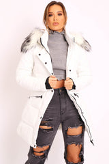 White Adjustable Waist Longline Puffer Coat - Zofia-Coats