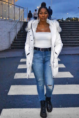 White Adjustable Waist Longline Puffer Coat - Zofia-Coats