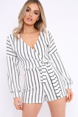 White And Black Stripe Wrap Over Playsuit - Havannah-Playsuits