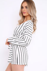 White And Black Stripe Wrap Over Playsuit - Havannah-Playsuits
