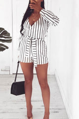 White And Black Stripe Wrap Over Playsuit - Havannah-Playsuits