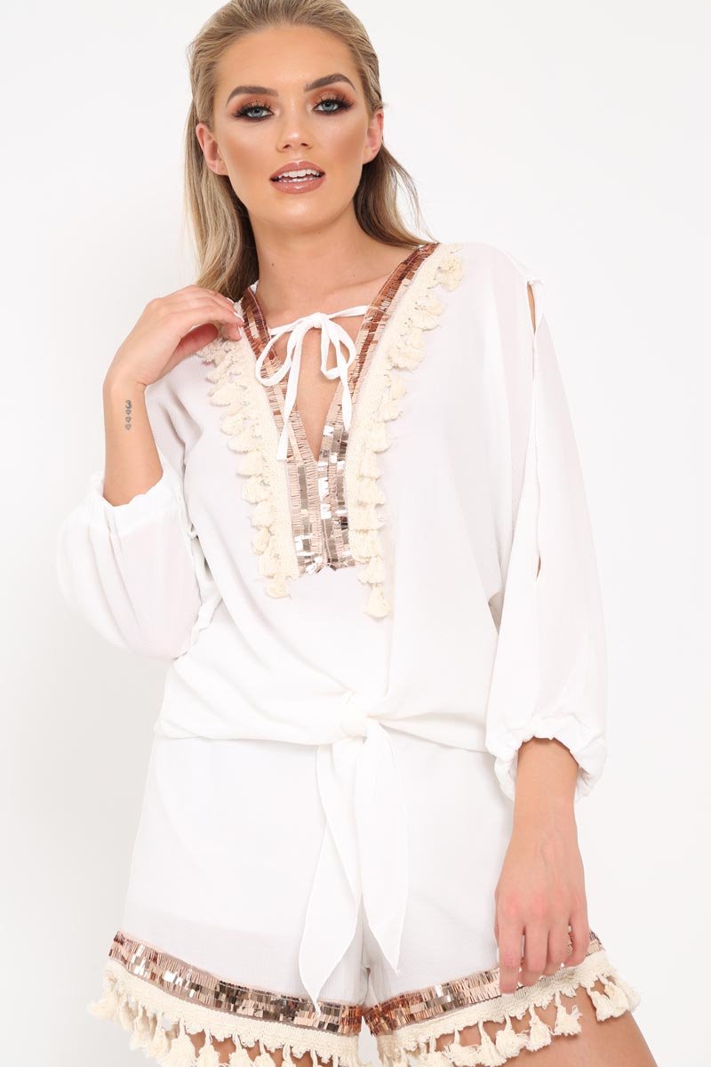 White And Gold Embellished Kaftan Top And Shorts Co- Ord -Sylviana-Co-ords