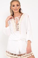 White And Gold Embellished Kaftan Top And Shorts Co- Ord -Sylviana-Co-ords