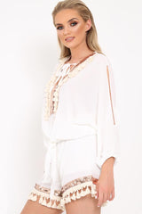 White And Gold Embellished Kaftan Top And Shorts Co- Ord -Sylviana-Co-ords