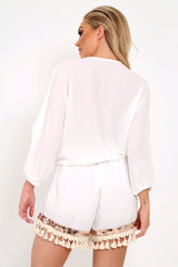 White And Gold Embellished Kaftan Top And Shorts Co- Ord -Sylviana-Co-ords