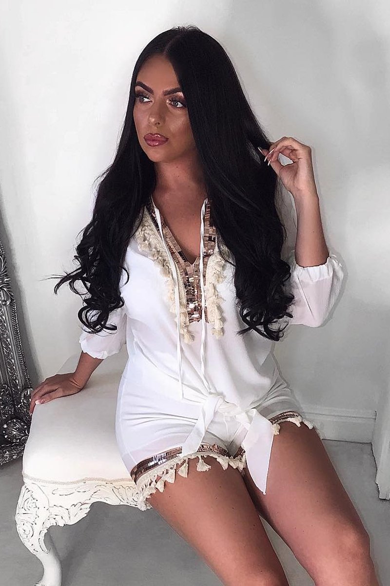 White And Gold Embellished Kaftan Top And Shorts Co- Ord -Sylviana-Co-ords