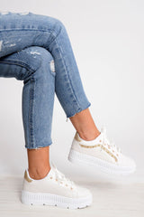 White And Gold Studded Platform Trainers - Gem-Trainers