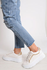 White And Gold Studded Platform Trainers - Gem-Trainers