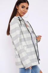 White And Grey Stripe Hooded Rain Mac - Haru-Jackets