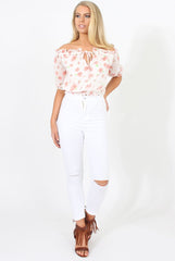 White And Pink Floral Gypsy Crop Top - Mimi-Crop Tops